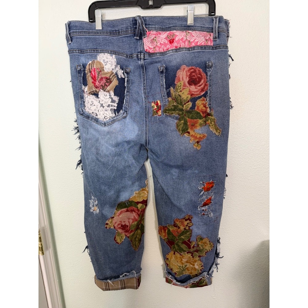 Angels Forever Young Custom Boho Floral Patchwork Jeans Upcycle Distressed - Picture 4 of 10